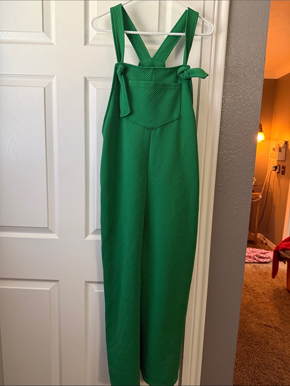 Green Textured Wide-Leg Jumpsuit with Tie Straps and pockets